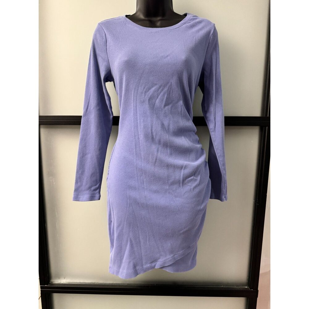Nine West Ribbed Long Sleeve Ruched Mini Dress in Periwinkle Lavender Large